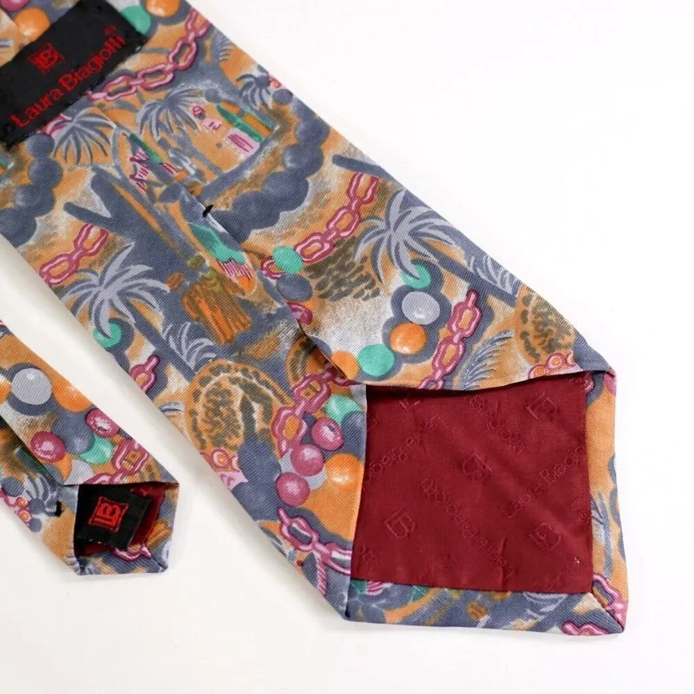Laura Biagiotti Abstact‎ Jungle Print Orange Gray Short Wide Silk Tie